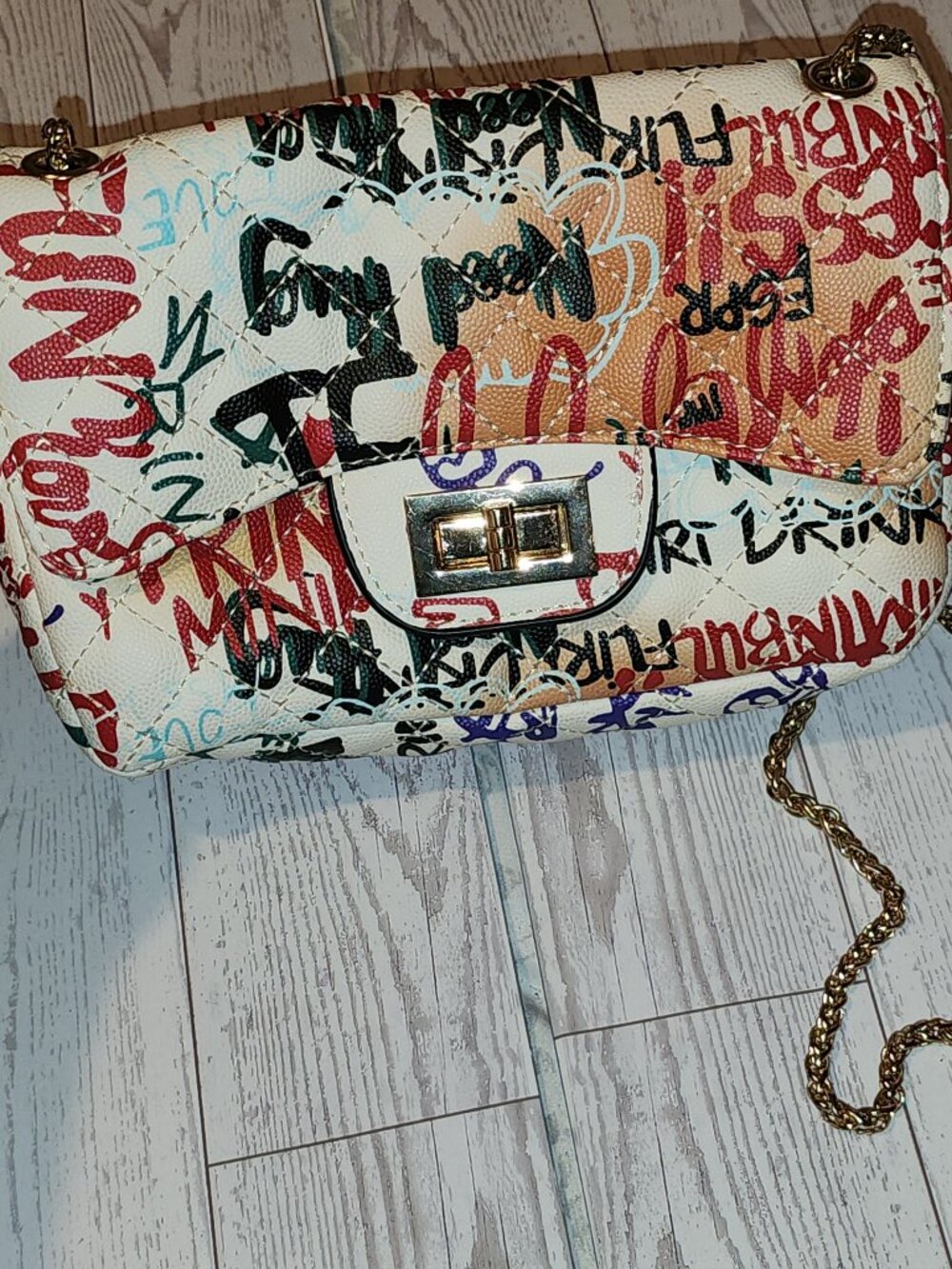 Made by Gavin Graffiti Print Quilted Crossbody Bag Gold Chain Purse